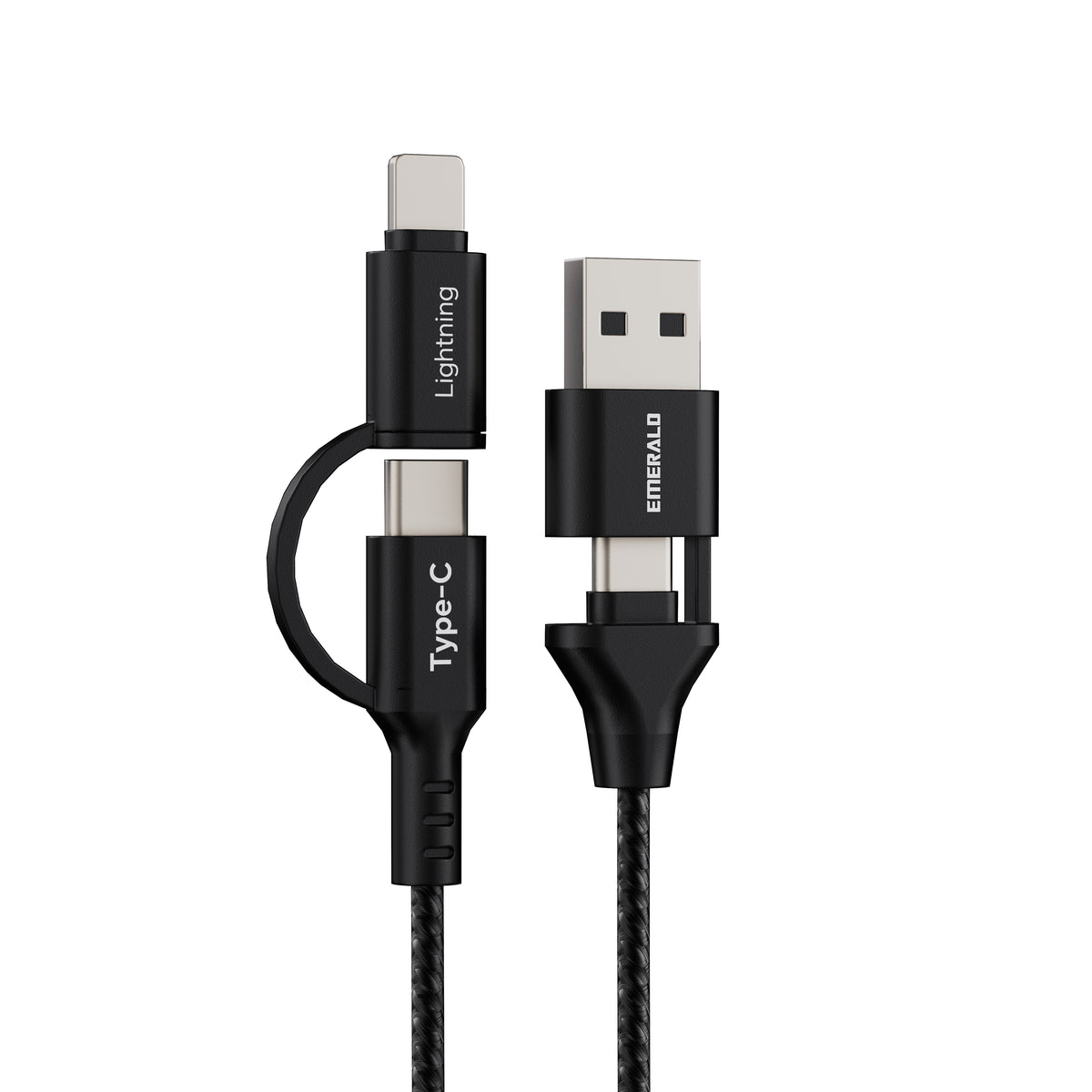 Emerald 6ft 4-in-1 Braided USB-A & Type-C to Lightning & Type-C with Adapter, Fast Charging & Data Syncing Cable