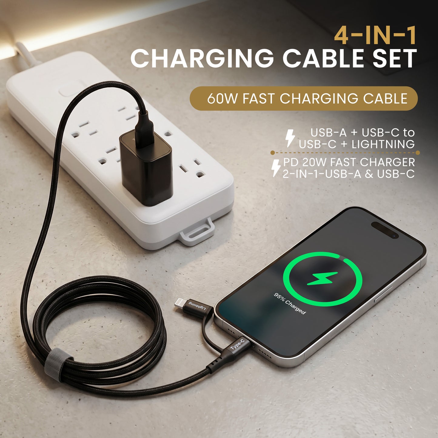 Emerald 6ft 4-in-1 Braided USB-A & Type-C to Lightning & Type-C with Adapter, Fast Charging & Data Syncing Cable