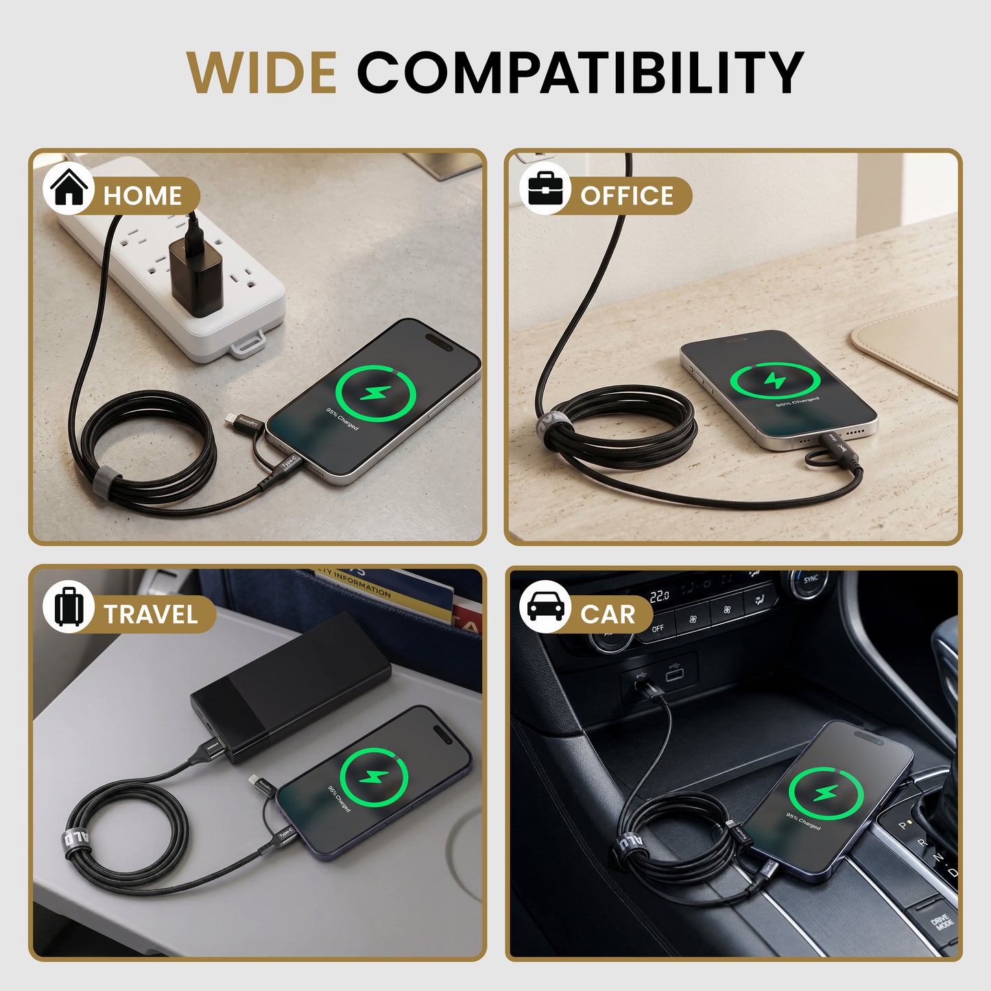 Emerald 6ft 4-in-1 Braided USB-A & Type-C to Lightning & Type-C with Adapter, Fast Charging & Data Syncing Cable
