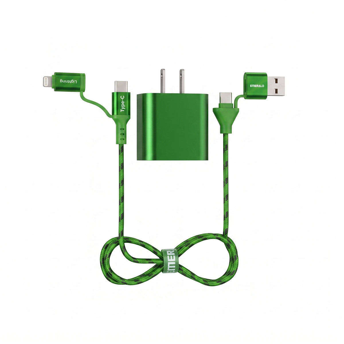 Emerald 6ft 4-in-1 Braided USB-A & Type-C to Lightning & Type-C with Adapter, Fast Charging & Data Syncing Cable