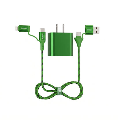 Emerald 6ft 4-in-1 Braided USB-A & Type-C to Lightning & Type-C with Adapter, Fast Charging & Data Syncing Cable
