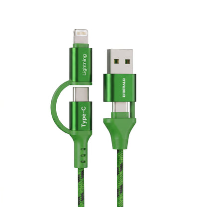 Emerald 6ft 4-in-1 Braided USB-A & Type-C to Lightning & Type-C with Adapter, Fast Charging & Data Syncing Cable