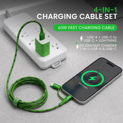 Emerald 6ft 4-in-1 Braided USB-A & Type-C to Lightning & Type-C with Adapter, Fast Charging & Data Syncing Cable