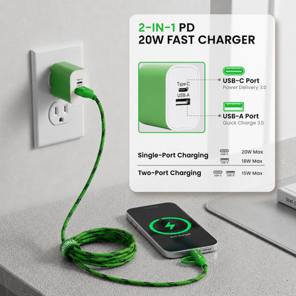 Emerald 6ft 4-in-1 Braided USB-A & Type-C to Lightning & Type-C with Adapter, Fast Charging & Data Syncing Cable