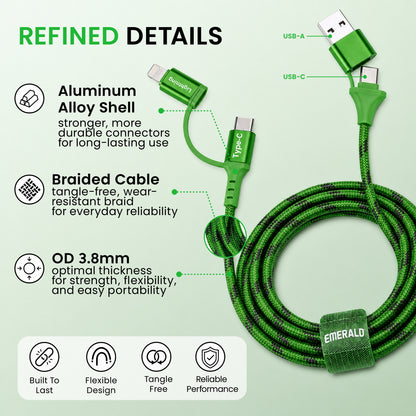 Emerald 6ft 4-in-1 Braided USB-A & Type-C to Lightning & Type-C with Adapter, Fast Charging & Data Syncing Cable