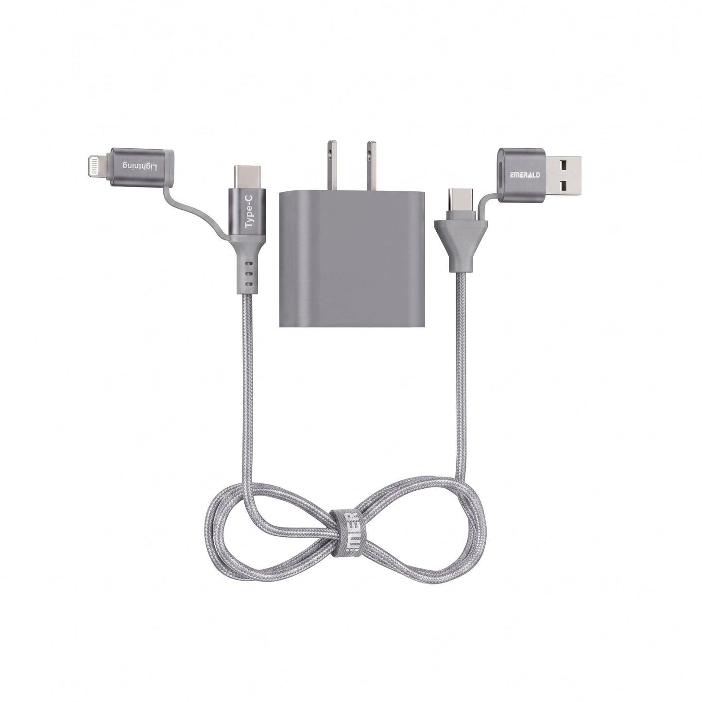 Emerald 6ft 4-in-1 Braided USB-A & Type-C to Lightning & Type-C with Adapter, Fast Charging & Data Syncing Cable