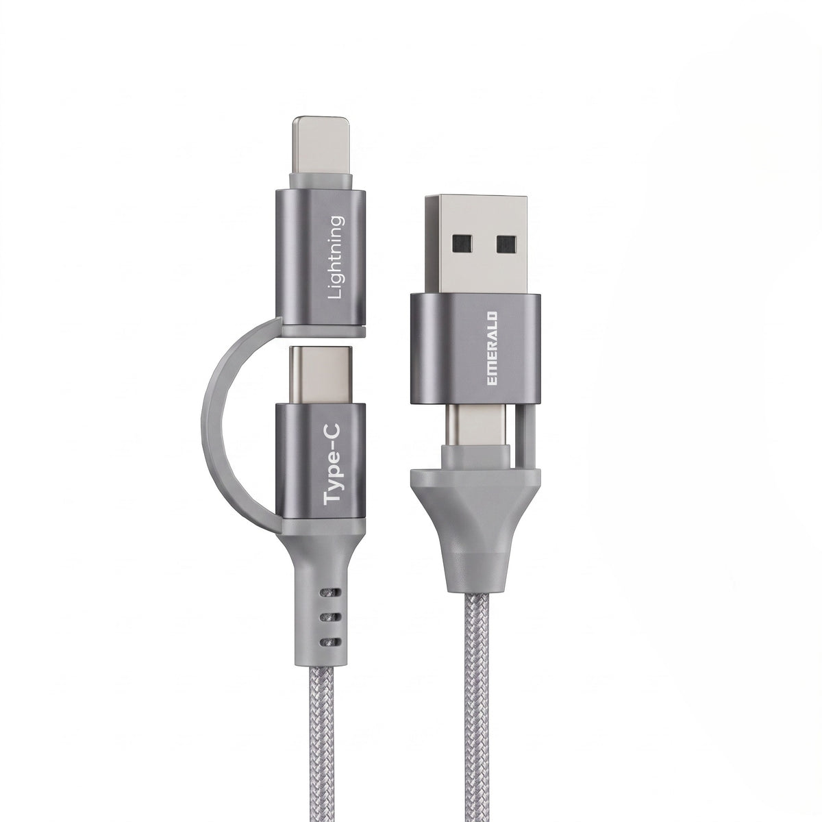 Emerald 6ft 4-in-1 Braided USB-A & Type-C to Lightning & Type-C with Adapter, Fast Charging & Data Syncing Cable