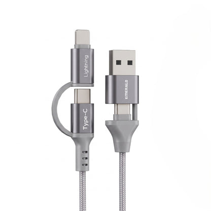 Emerald 6ft 4-in-1 Braided USB-A & Type-C to Lightning & Type-C with Adapter, Fast Charging & Data Syncing Cable