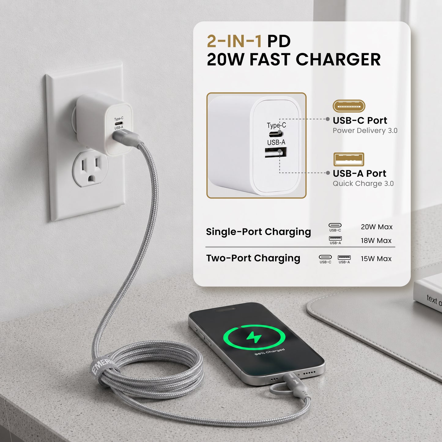 Emerald 6ft 4-in-1 Braided USB-A & Type-C to Lightning & Type-C with Adapter, Fast Charging & Data Syncing Cable