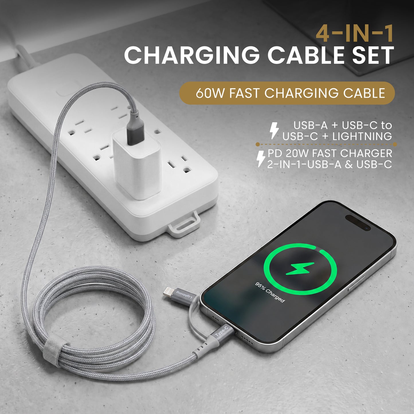 Emerald 6ft 4-in-1 Braided USB-A & Type-C to Lightning & Type-C with Adapter, Fast Charging & Data Syncing Cable