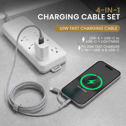 Emerald 6ft 4-in-1 Braided USB-A & Type-C to Lightning & Type-C with Adapter, Fast Charging & Data Syncing Cable