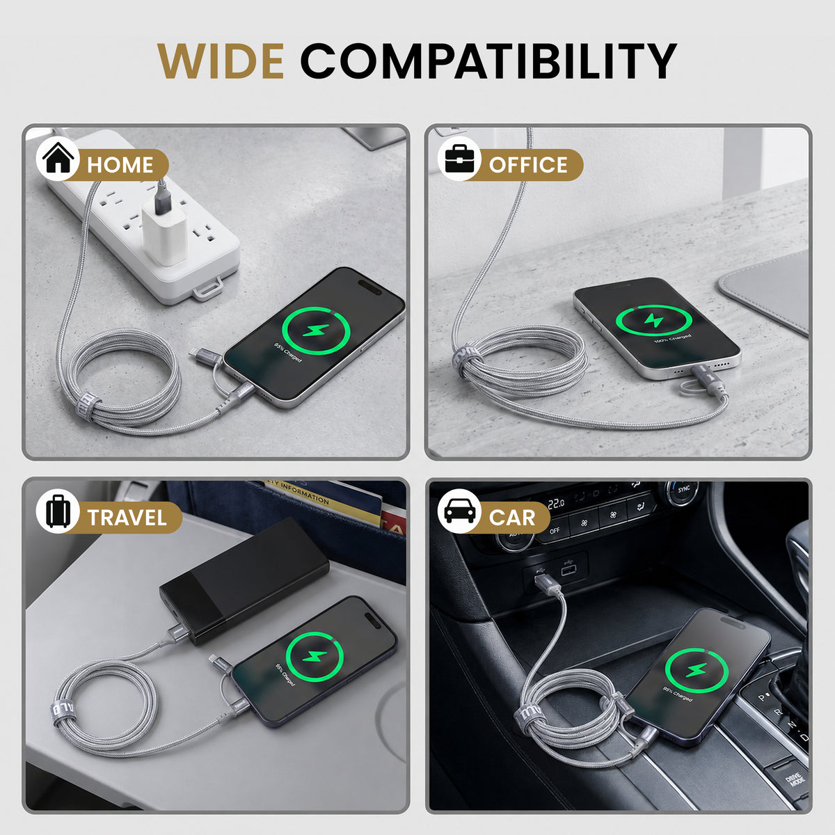 Emerald 6ft 4-in-1 Braided USB-A & Type-C to Lightning & Type-C with Adapter, Fast Charging & Data Syncing Cable