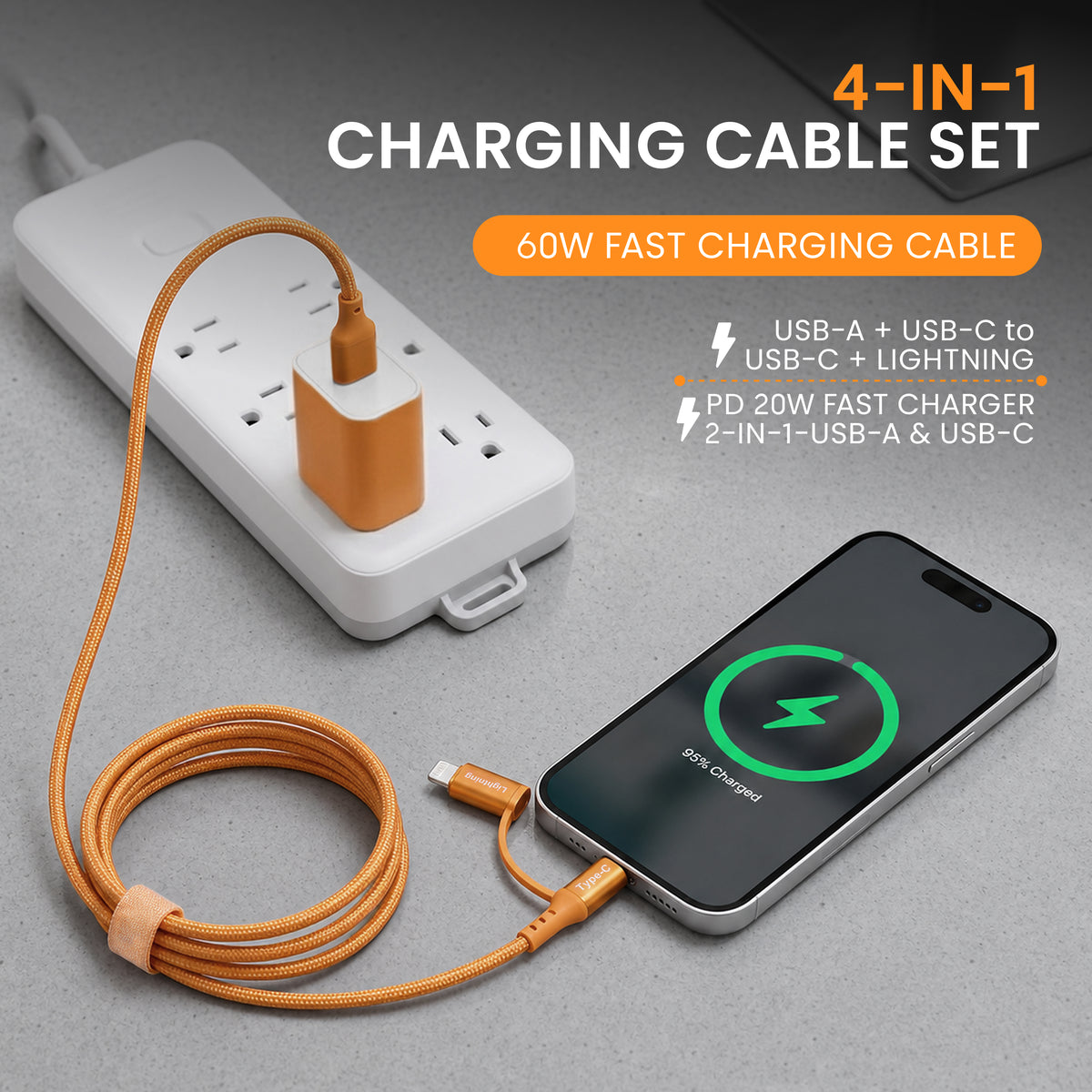 Emerald 6ft 4-in-1 Braided USB-A & Type-C to Lightning & Type-C with Adapter, Fast Charging & Data Syncing Cable