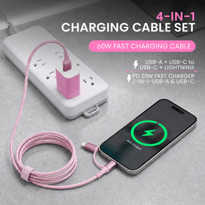 Emerald 6ft 4-in-1 Braided USB-A & Type-C to Lightning & Type-C with Adapter, Fast Charging & Data Syncing Cable