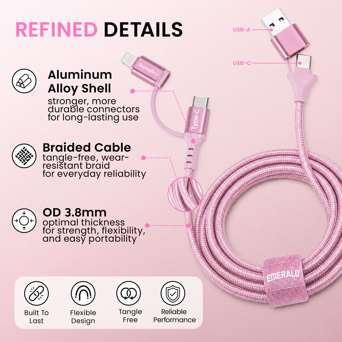 Emerald 6ft 4-in-1 Braided USB-A & Type-C to Lightning & Type-C with Adapter, Fast Charging & Data Syncing Cable