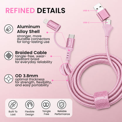 Emerald 6ft 4-in-1 Braided USB-A & Type-C to Lightning & Type-C with Adapter, Fast Charging & Data Syncing Cable