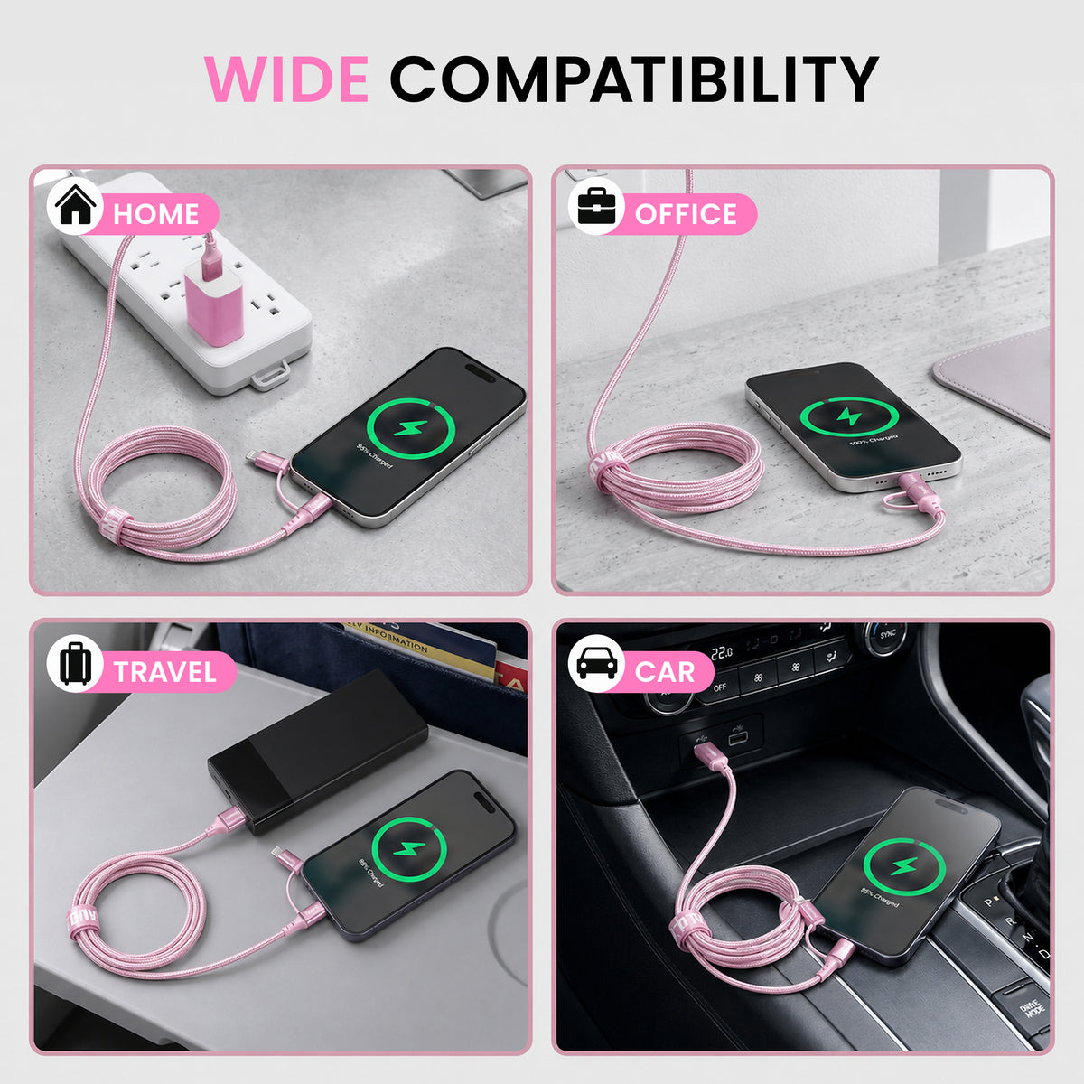 Emerald 6ft 4-in-1 Braided USB-A & Type-C to Lightning & Type-C with Adapter, Fast Charging & Data Syncing Cable