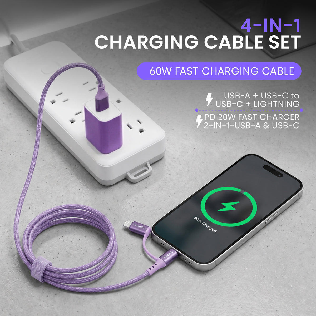 Emerald 6ft 4-in-1 Braided USB-A & Type-C to Lightning & Type-C with Adapter, Fast Charging & Data Syncing Cable