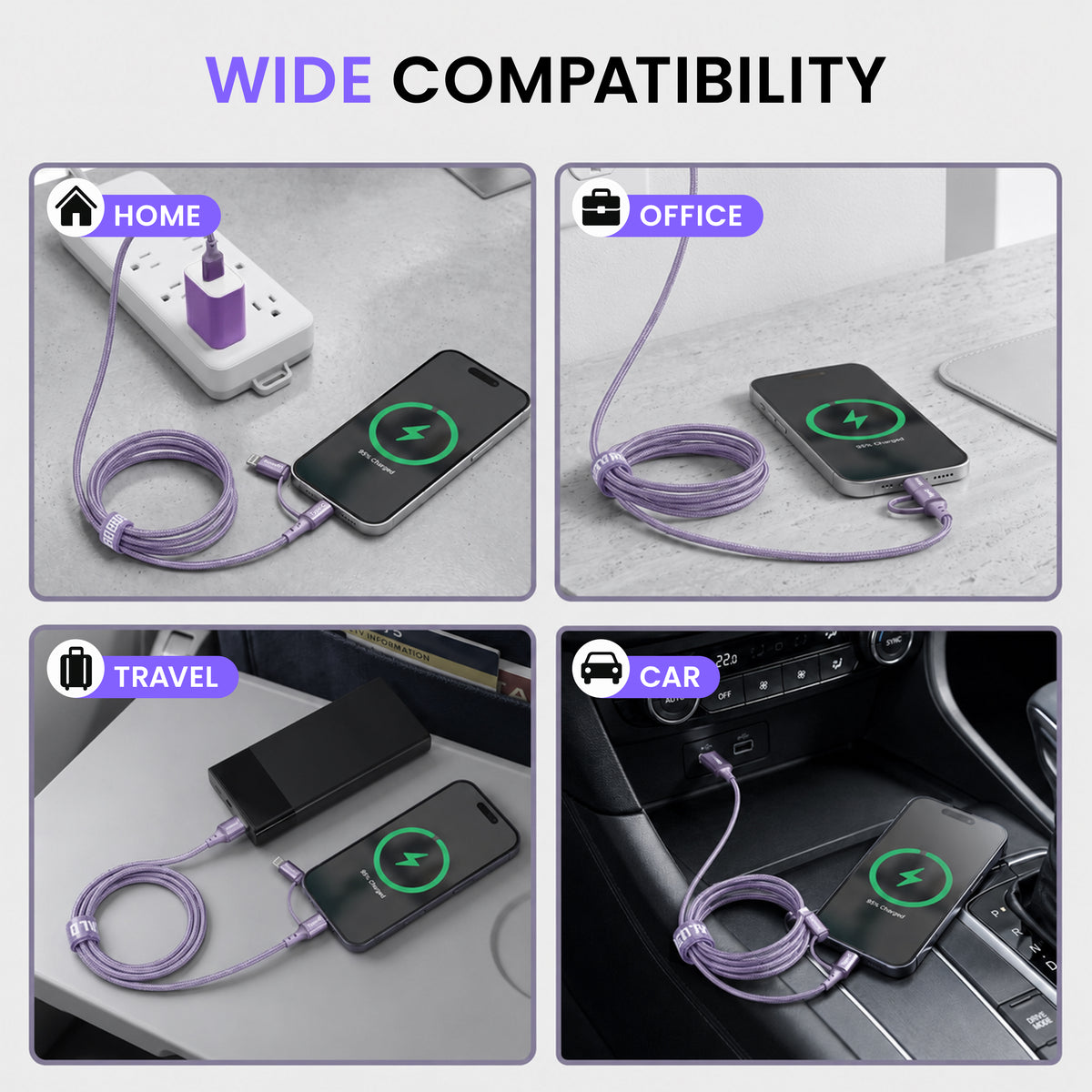 Emerald 6ft 4-in-1 Braided USB-A & Type-C to Lightning & Type-C with Adapter, Fast Charging & Data Syncing Cable