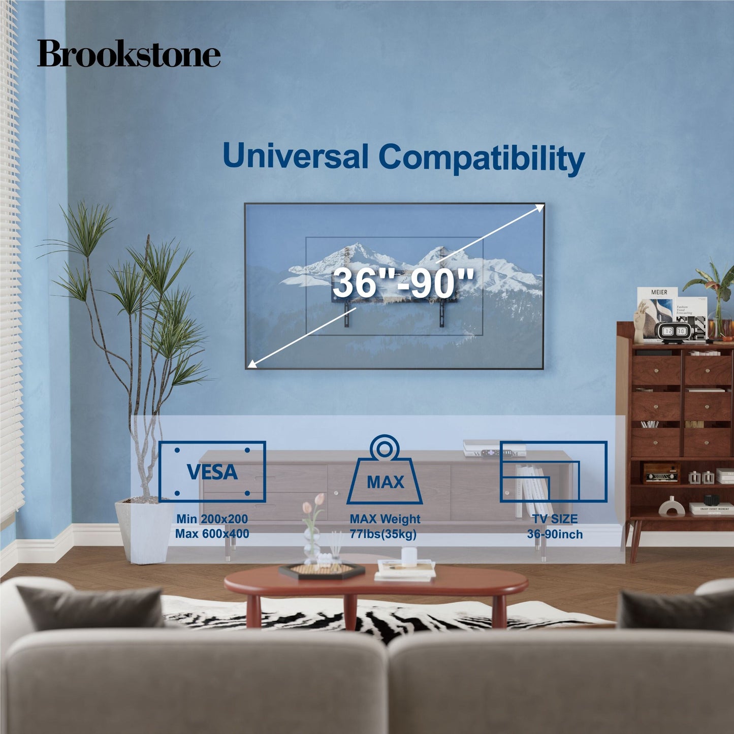 Brookstone Low Profile Fixed TV Wall Mount for 37"-86" TVs, Max 99 lbs, VESA 100x100 to 600x400mm