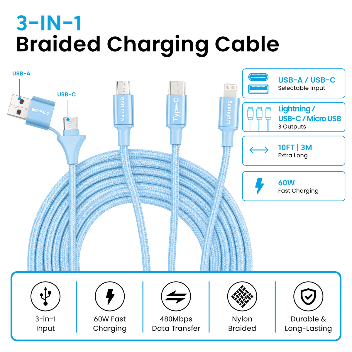 Emerald 10ft 3-in-1 Braided USB-A or USB-C to Lightning, Type-C & Micro USB Fast Charging & Data Syncing Cable