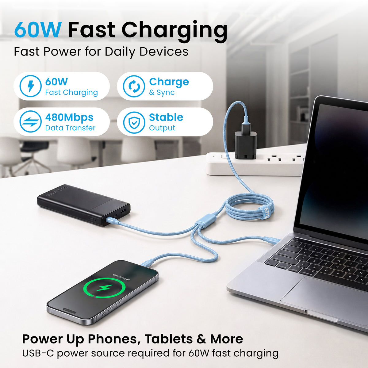 Emerald 10ft 3-in-1 Braided USB-A or USB-C to Lightning, Type-C & Micro USB Fast Charging & Data Syncing Cable