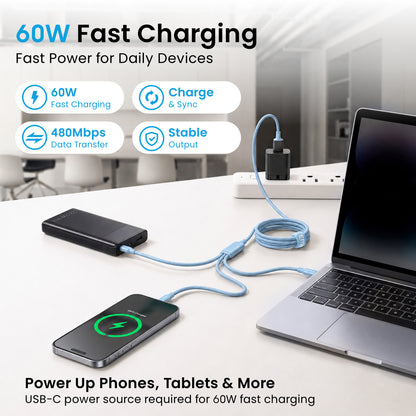 Emerald 10ft 3-in-1 Braided USB-A or USB-C to Lightning, Type-C & Micro USB Fast Charging & Data Syncing Cable