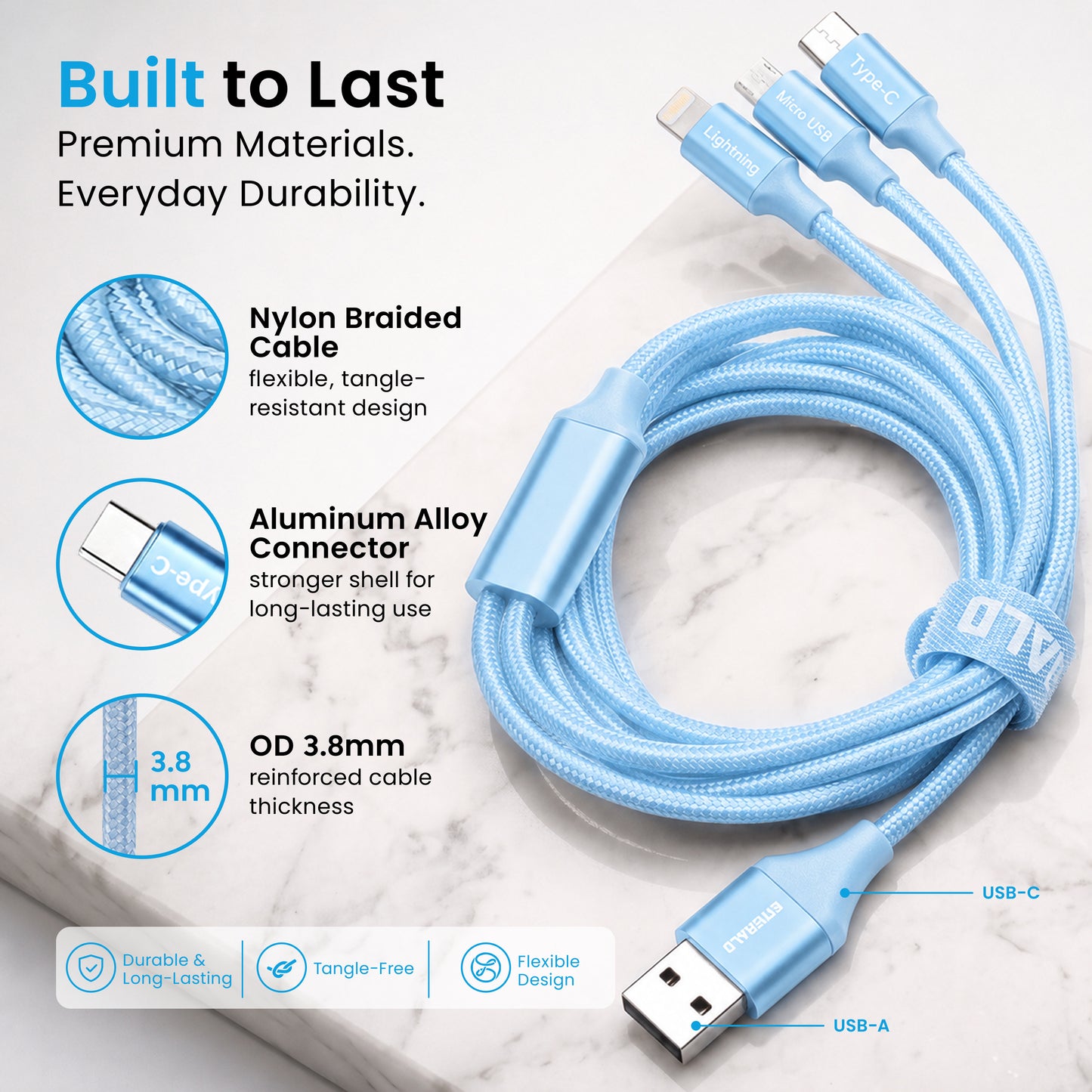 Emerald 10ft 3-in-1 Braided USB-A or USB-C to Lightning, Type-C & Micro USB Fast Charging & Data Syncing Cable