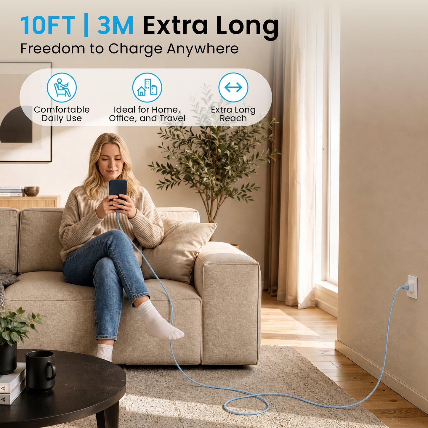 Emerald 10ft 3-in-1 Braided USB-A or USB-C to Lightning, Type-C & Micro USB Fast Charging & Data Syncing Cable
