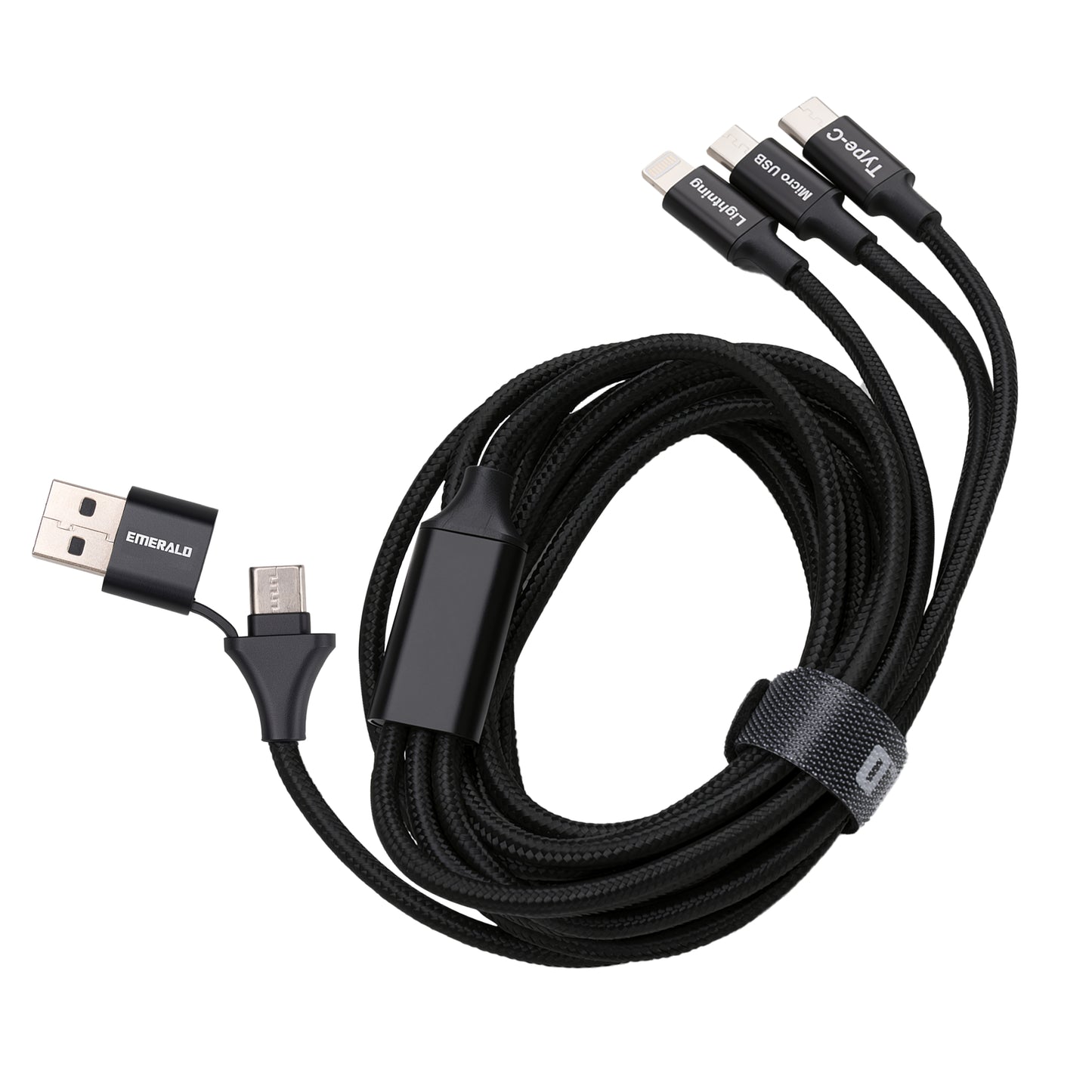 Emerald 10ft 3-in-1 Braided USB-A or USB-C to Lightning, Type-C & Micro USB Fast Charging & Data Syncing Cable