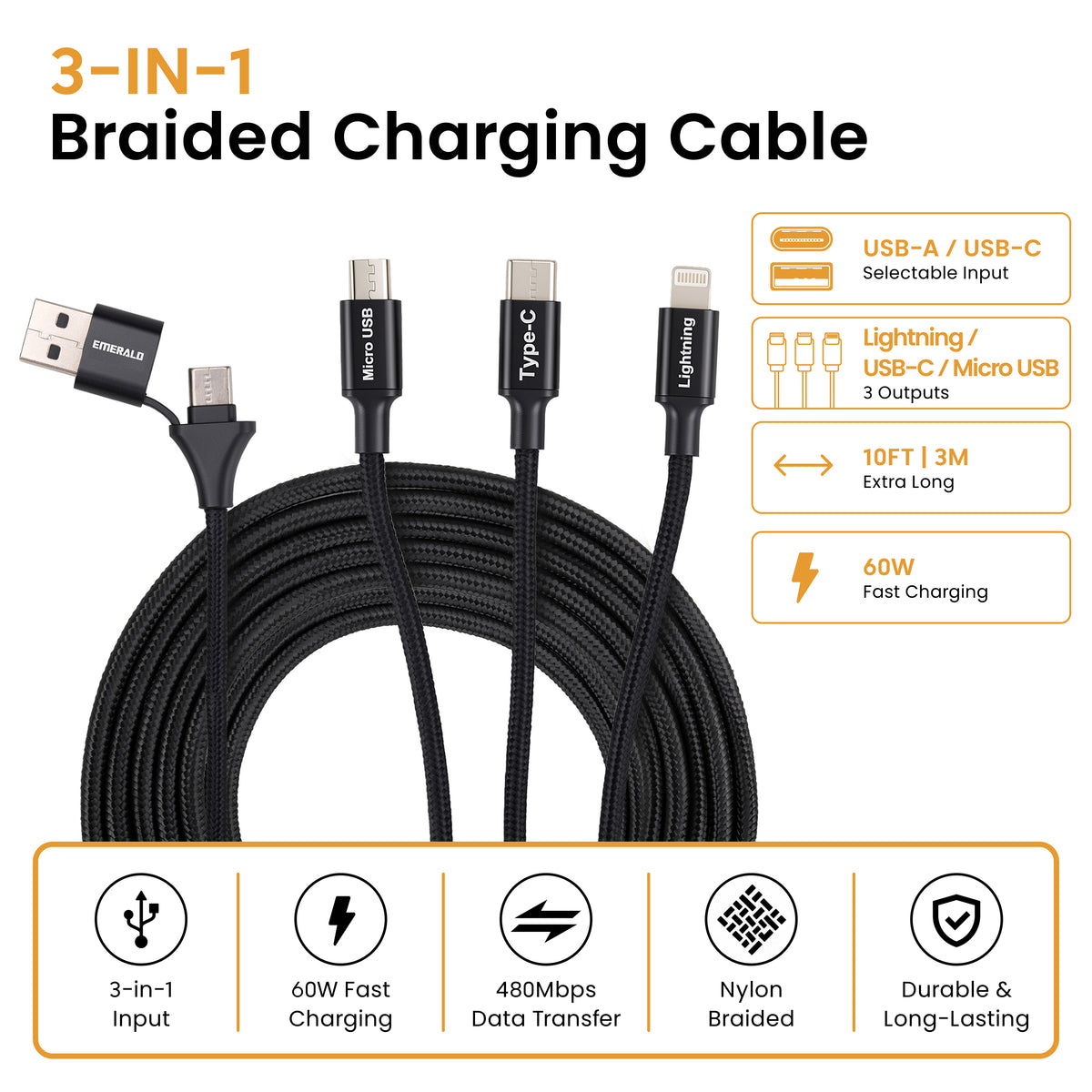 Emerald 10ft 3-in-1 Braided USB-A or USB-C to Lightning, Type-C & Micro USB Fast Charging & Data Syncing Cable