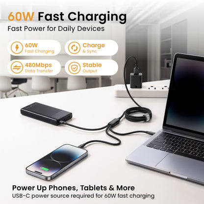 Emerald 10ft 3-in-1 Braided USB-A or USB-C to Lightning, Type-C & Micro USB Fast Charging & Data Syncing Cable