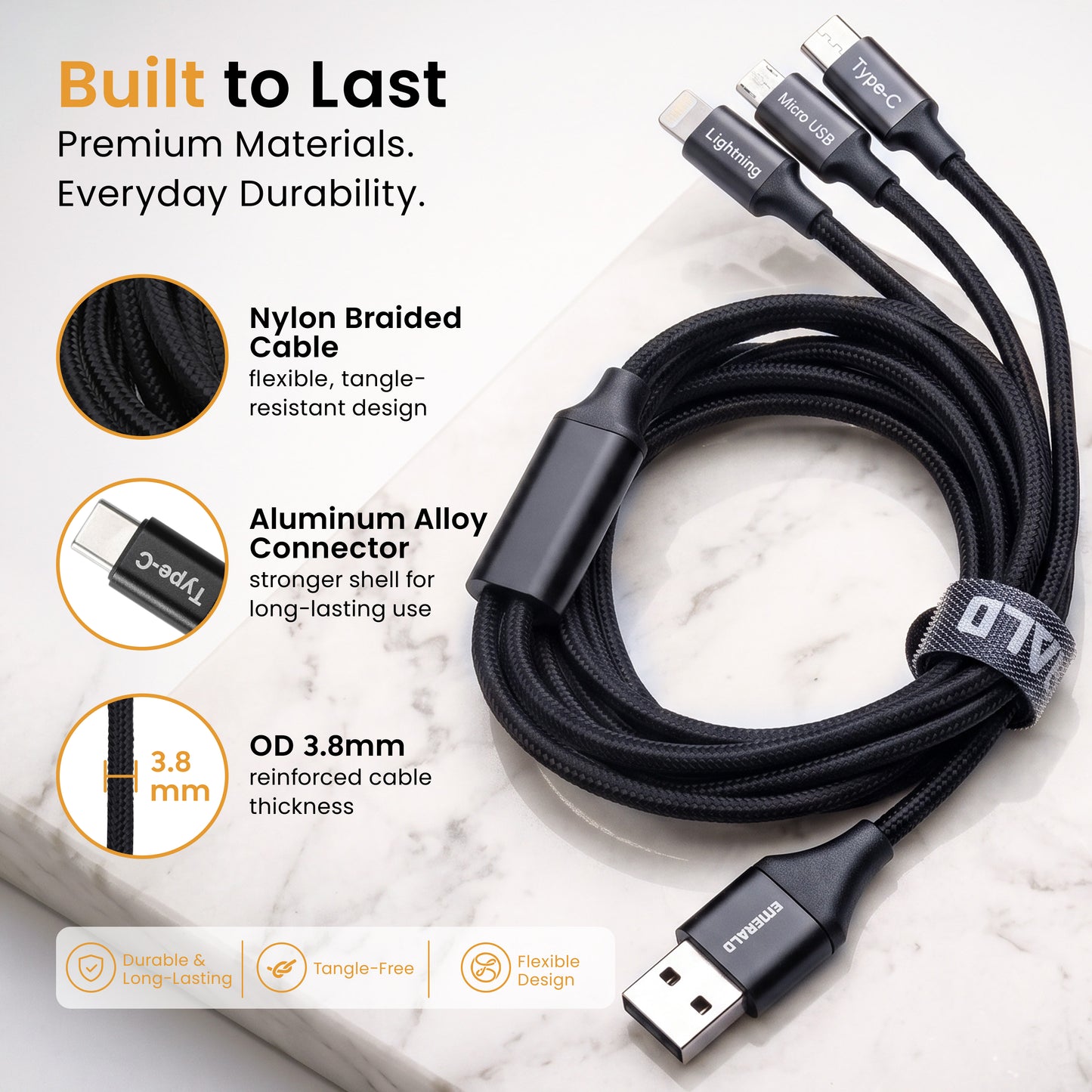 Emerald 10ft 3-in-1 Braided USB-A or USB-C to Lightning, Type-C & Micro USB Fast Charging & Data Syncing Cable