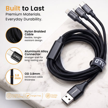 Emerald 10ft 3-in-1 Braided USB-A or USB-C to Lightning, Type-C & Micro USB Fast Charging & Data Syncing Cable