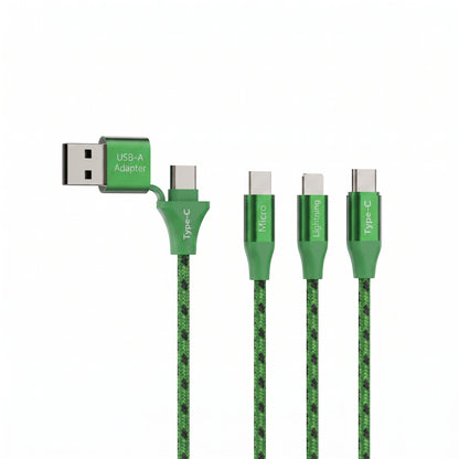 Emerald 10ft 3-in-1 Braided USB-A or USB-C to Lightning, Type-C & Micro USB Fast Charging & Data Syncing Cable