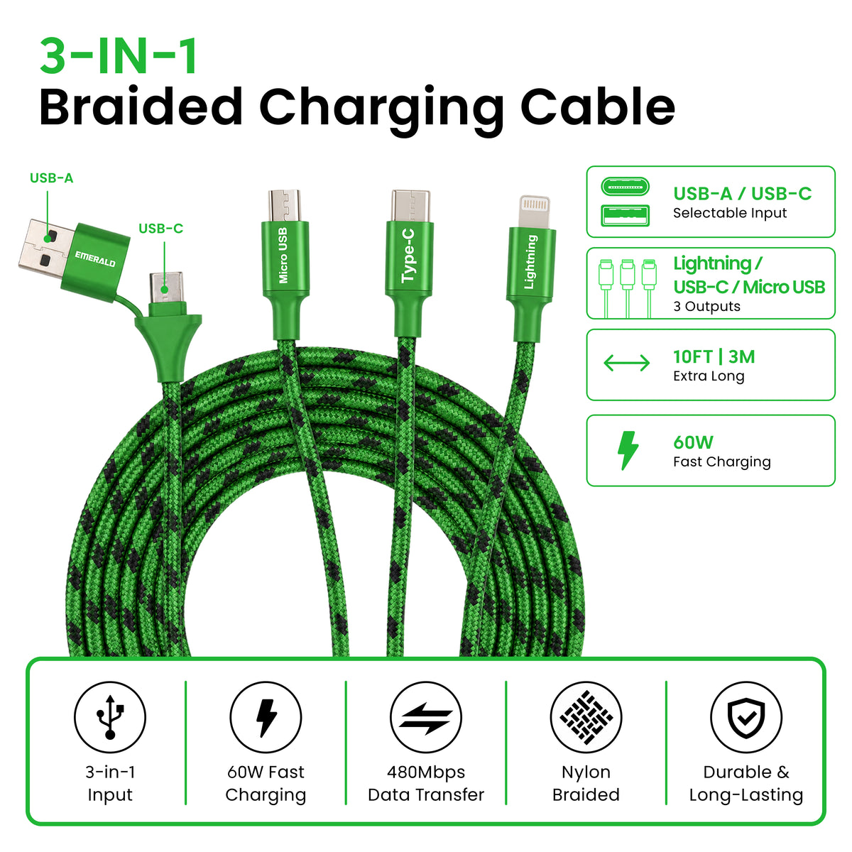 Emerald 10ft 3-in-1 Braided USB-A or USB-C to Lightning, Type-C & Micro USB Fast Charging & Data Syncing Cable