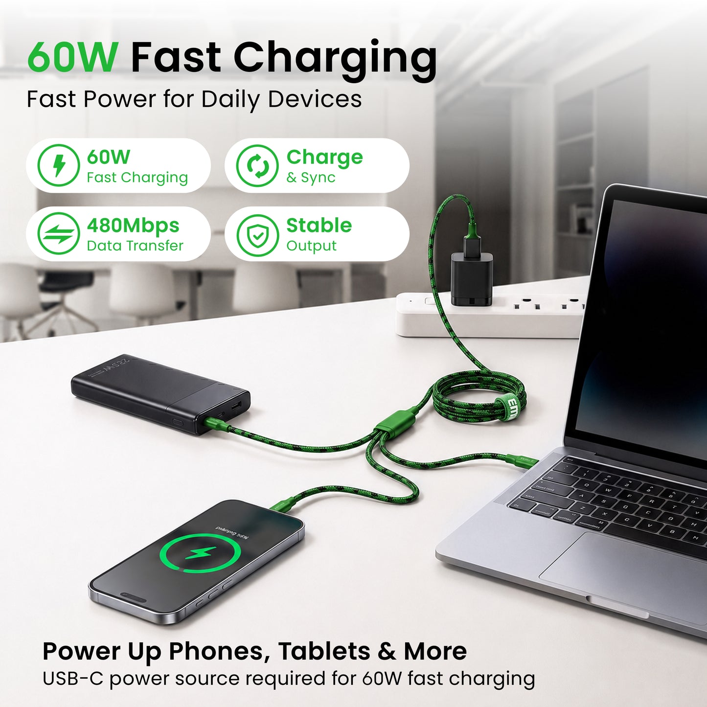 Emerald 10ft 3-in-1 Braided USB-A or USB-C to Lightning, Type-C & Micro USB Fast Charging & Data Syncing Cable