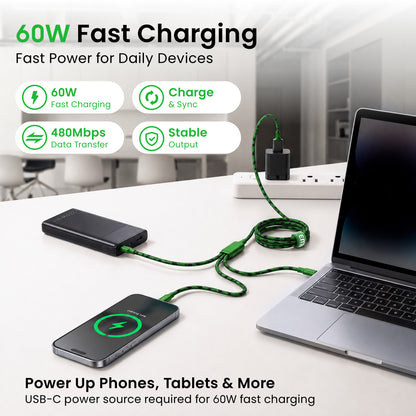Emerald 10ft 3-in-1 Braided USB-A or USB-C to Lightning, Type-C & Micro USB Fast Charging & Data Syncing Cable