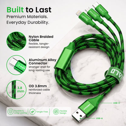Emerald 10ft 3-in-1 Braided USB-A or USB-C to Lightning, Type-C & Micro USB Fast Charging & Data Syncing Cable