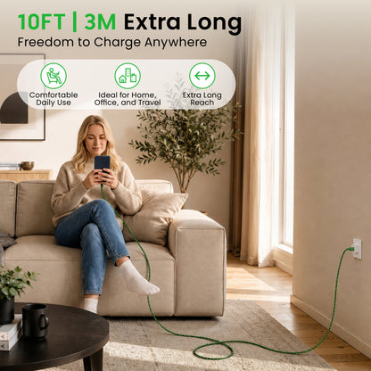 Emerald 10ft 3-in-1 Braided USB-A or USB-C to Lightning, Type-C & Micro USB Fast Charging & Data Syncing Cable