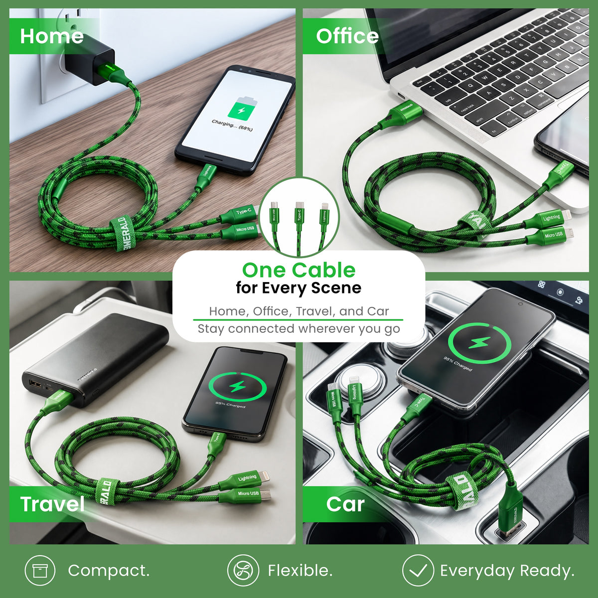 Emerald 10ft 3-in-1 Braided USB-A or USB-C to Lightning, Type-C & Micro USB Fast Charging & Data Syncing Cable