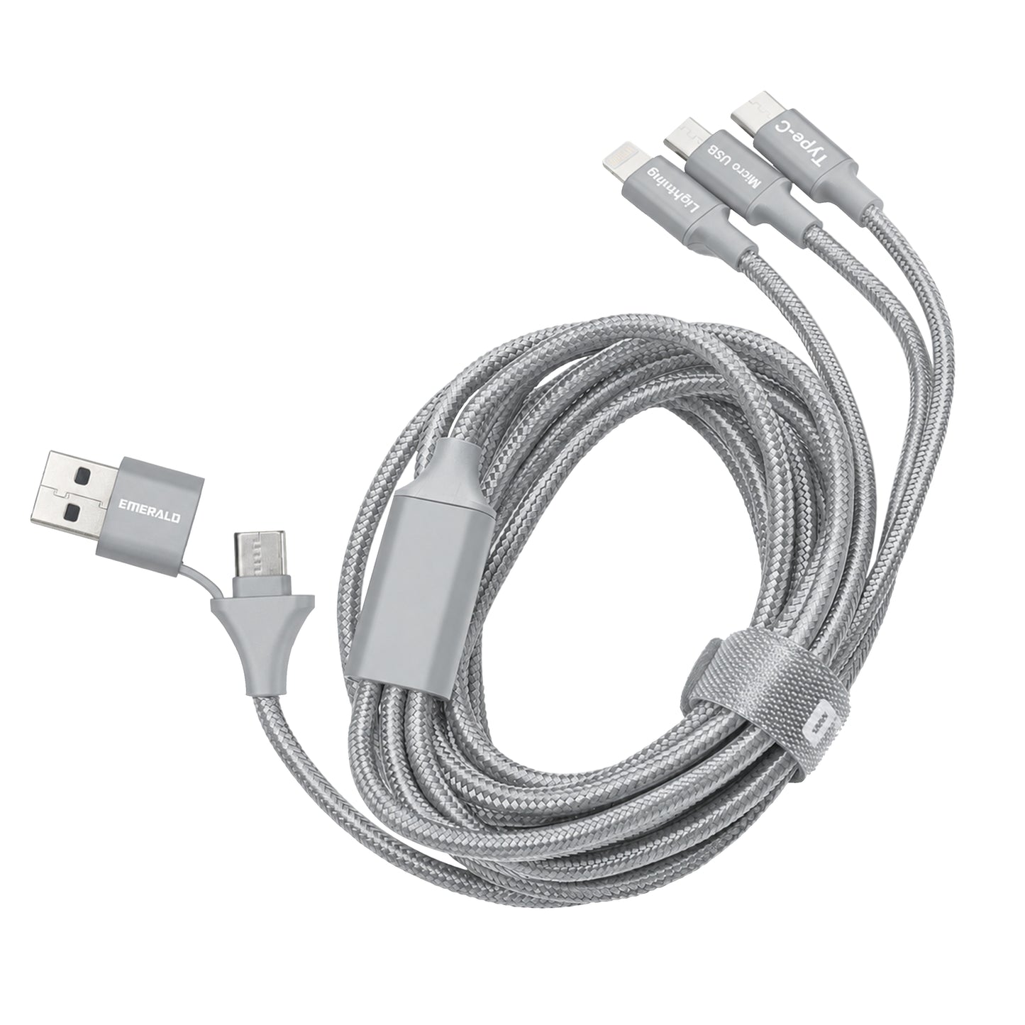 Emerald 10ft 3-in-1 Braided USB-A or USB-C to Lightning, Type-C & Micro USB Fast Charging & Data Syncing Cable