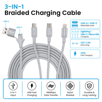Emerald 10ft 3-in-1 Braided USB-A or USB-C to Lightning, Type-C & Micro USB Fast Charging & Data Syncing Cable