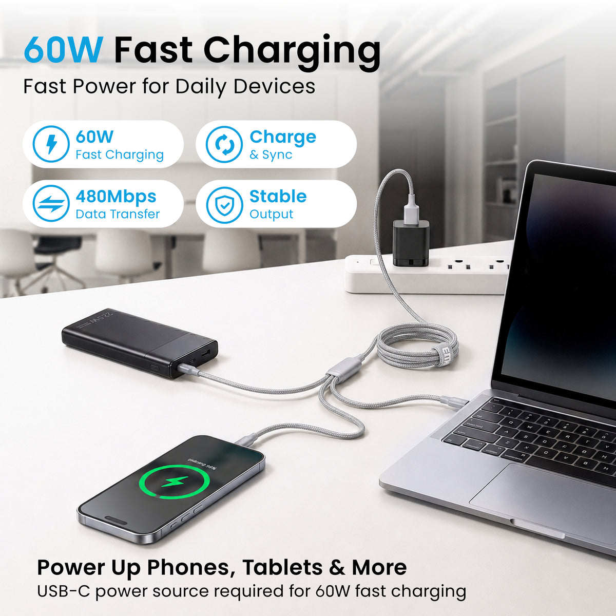 Emerald 10ft 3-in-1 Braided USB-A or USB-C to Lightning, Type-C & Micro USB Fast Charging & Data Syncing Cable