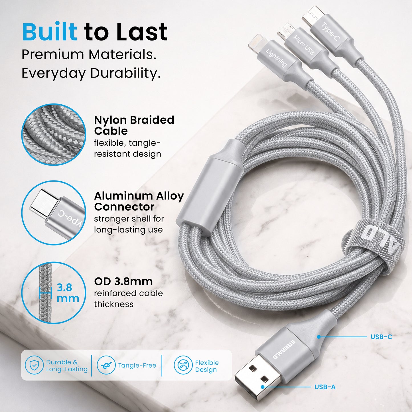 Emerald 10ft 3-in-1 Braided USB-A or USB-C to Lightning, Type-C & Micro USB Fast Charging & Data Syncing Cable