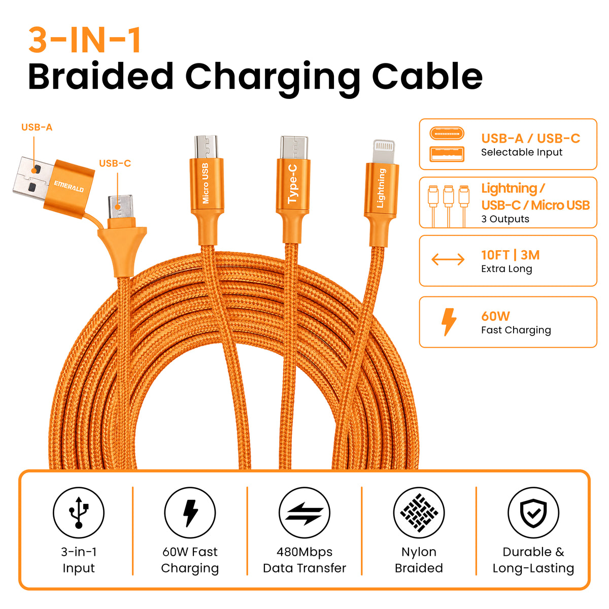 Emerald 10ft 3-in-1 Braided USB-A or USB-C to Lightning, Type-C & Micro USB Fast Charging & Data Syncing Cable