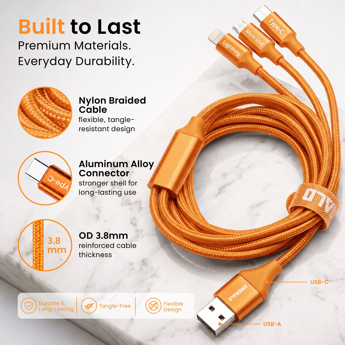 Emerald 10ft 3-in-1 Braided USB-A or USB-C to Lightning, Type-C & Micro USB Fast Charging & Data Syncing Cable