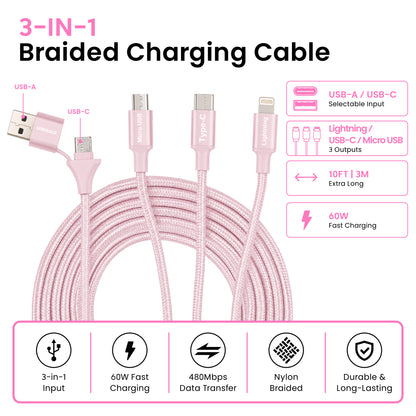 Emerald 10ft 3-in-1 Braided USB-A or USB-C to Lightning, Type-C & Micro USB Fast Charging & Data Syncing Cable