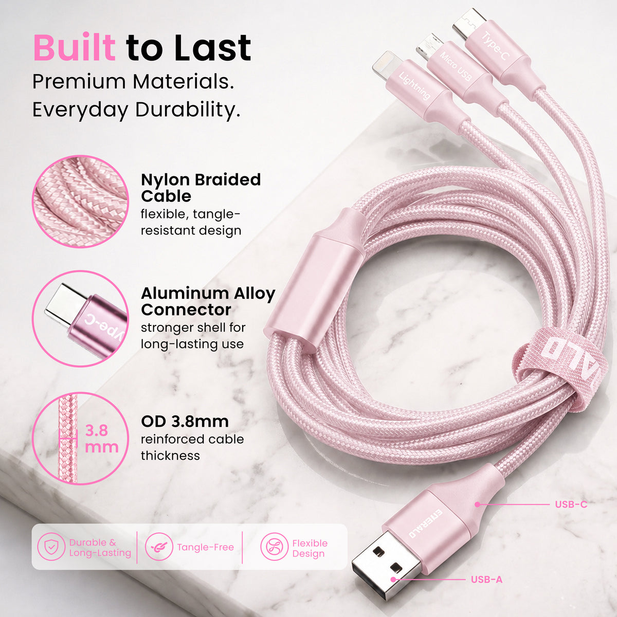 Emerald 10ft 3-in-1 Braided USB-A or USB-C to Lightning, Type-C & Micro USB Fast Charging & Data Syncing Cable