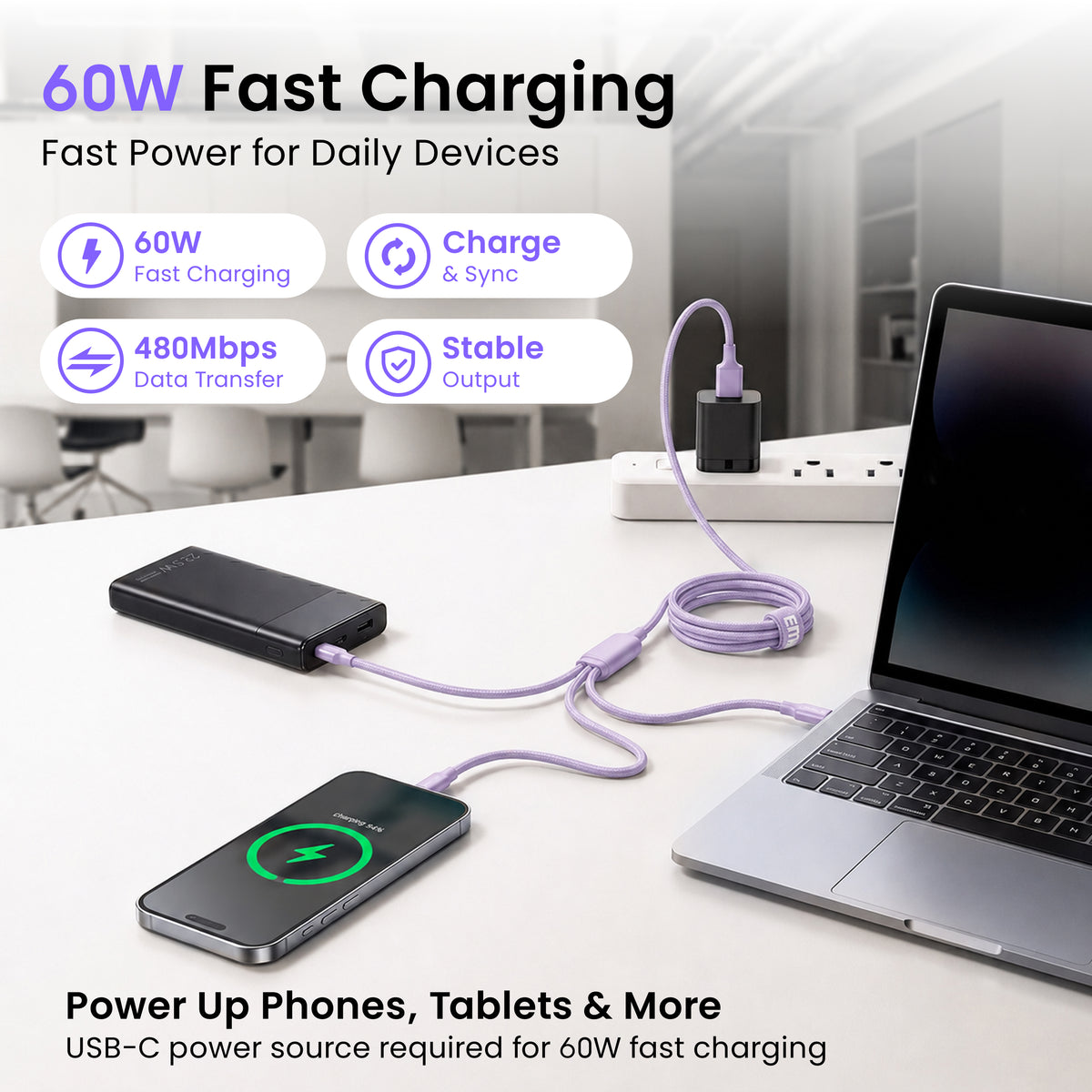 Emerald 10ft 3-in-1 Braided USB-A or USB-C to Lightning, Type-C & Micro USB Fast Charging & Data Syncing Cable